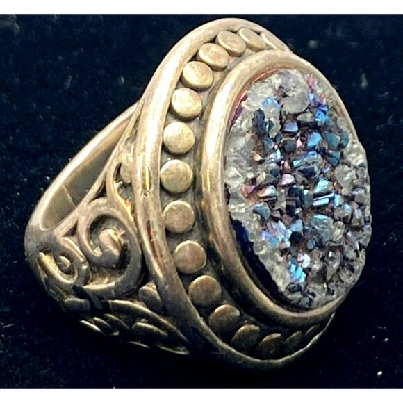 Vintage Druzy Stone Silver Ring Size 8 Opalescent Iridescent Crystals MARKED - Picture 8 of 10